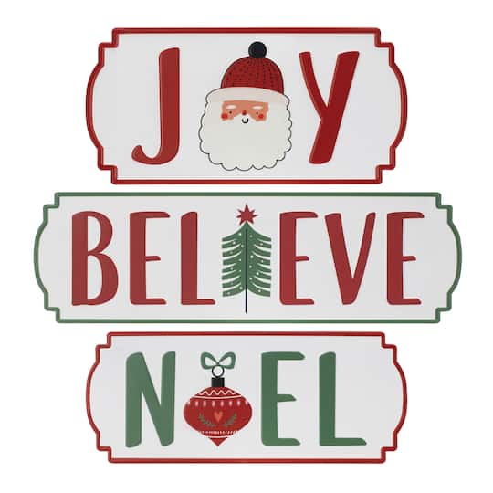 94971DS 12.5 x 6 in., 15 x 6 in., 20 x 6 in. Iron Joy & Noel & Believe Plaque, White, Red & Green - Set of 3